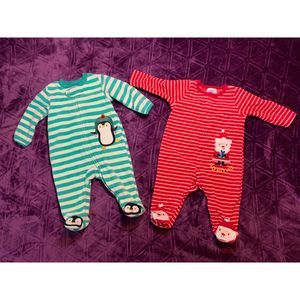 LOT of TWO 3 month footed one-pieces Christmas zipper and button